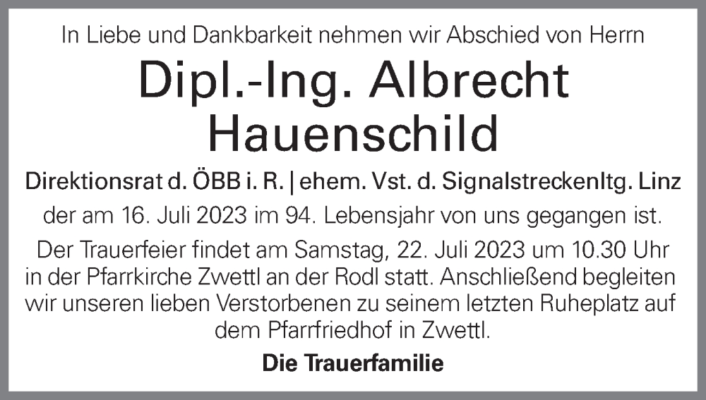  Traueranzeige für Albrecht Hauenschild vom 20.07.2023 aus OÖNachrichten