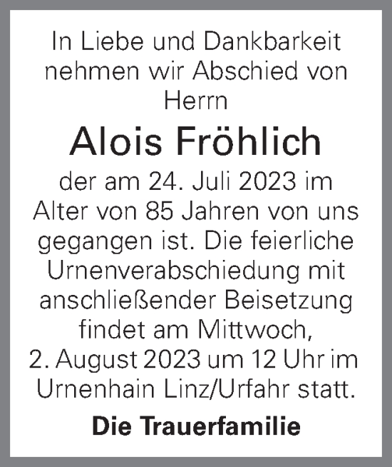 Traueranzeige von Alois Fröhlich von OÖNachrichten