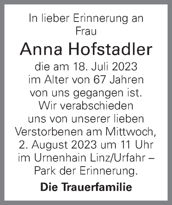 Traueranzeige von Anna Hofstadler von OÖNachrichten