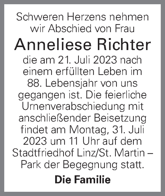 Traueranzeige von Anneliese Richter von OÖNachrichten