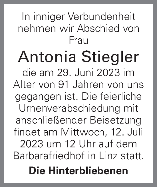 Traueranzeige von Antonia Stiegler von OÖNachrichten