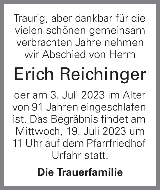 Traueranzeige von Erich Reichinger von OÖNachrichten