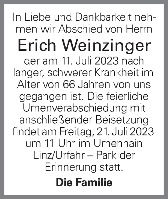 Traueranzeige von Erich Weinzinger von OÖNachrichten