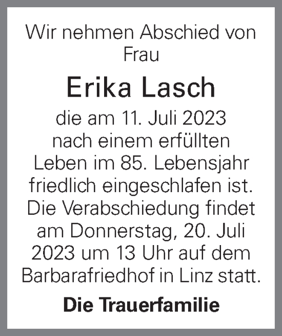 Traueranzeige von Erika Lasch von OÖNachrichten