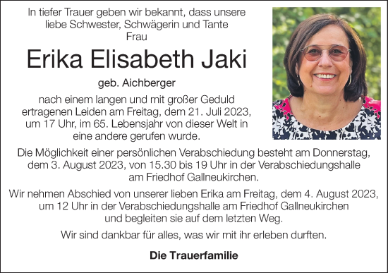 Traueranzeige von Erika Elisabeth Jaki von OÖNachrichten