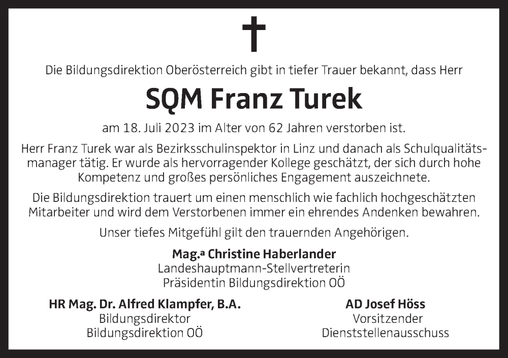  Traueranzeige für Franz Turek vom 22.07.2023 aus OÖNachrichten