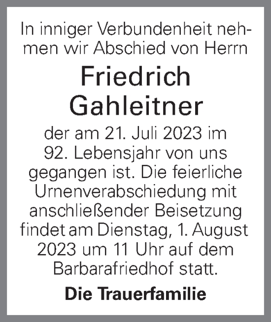 Traueranzeige von Friedrich Gahleitner von OÖNachrichten