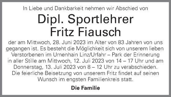 Traueranzeige von Fritz Fiausch von OÖNachrichten