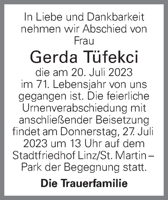 Traueranzeige von Gerda Tüfekci von OÖNachrichten