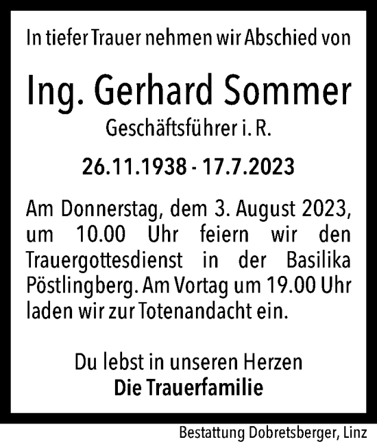 Traueranzeige von Gerhard Sommer von OÖNachrichten