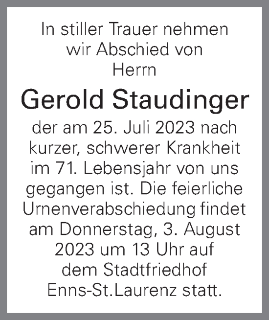 Traueranzeige von Gerold Staudinger von OÖNachrichten