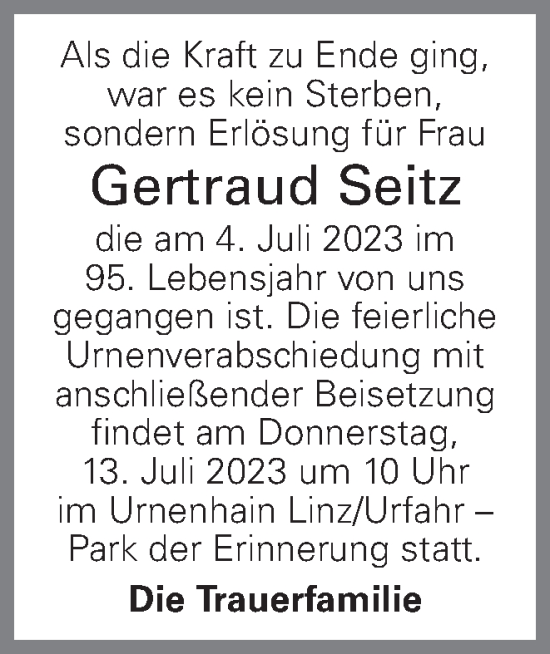Traueranzeige von Gertraud Seitz von OÖNachrichten