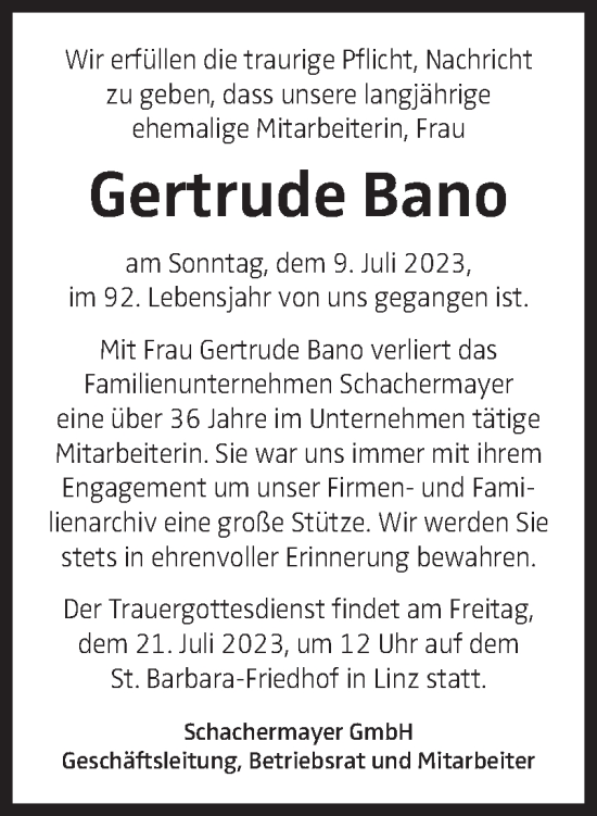 Traueranzeige von Gertrude Bano von OÖNachrichten
