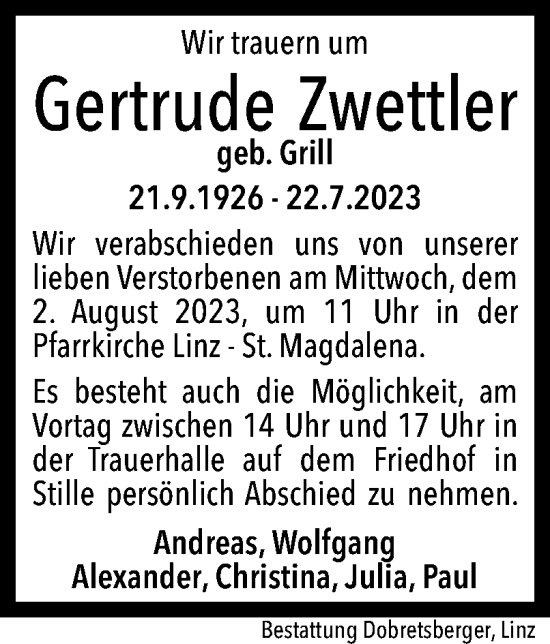 Traueranzeige von Gertrude Zwettler von OÖNachrichten
