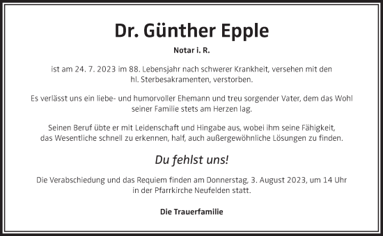Traueranzeige von Günther Epple von OÖNachrichten