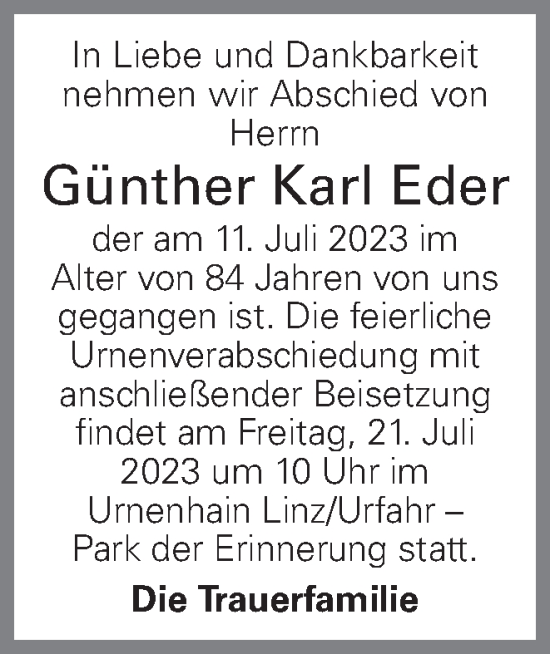 Traueranzeige von Günther Karl Eder von OÖNachrichten