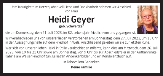 Traueranzeige von Heidi Geyer von OÖNachrichten