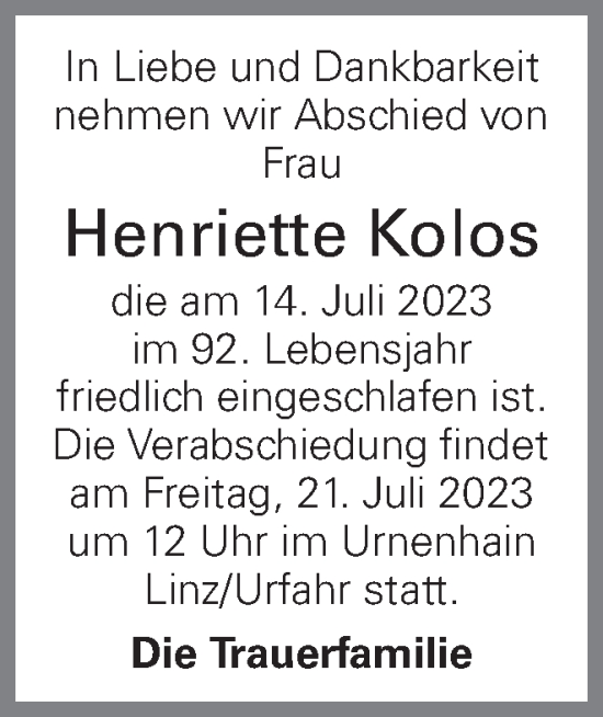 Traueranzeige von Henriette Kolos von OÖNachrichten