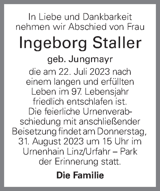 Traueranzeige von Ingeborg Staller von OÖNachrichten