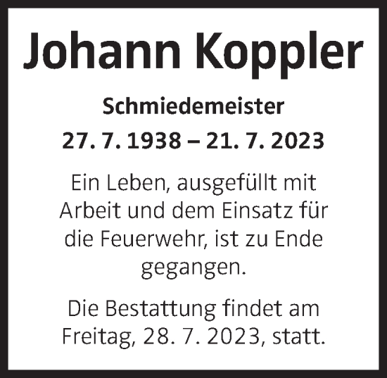 Traueranzeige von Johann Koppler von OÖNachrichten