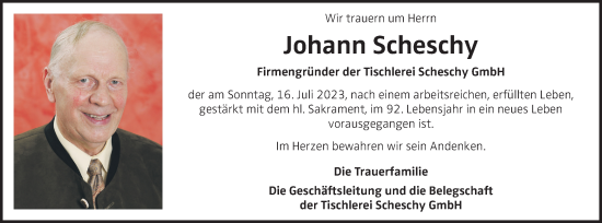 Traueranzeige von Johann Scheschy von OÖNachrichten