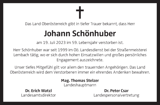 Traueranzeige von Johann Schönhuber von OÖNachrichten