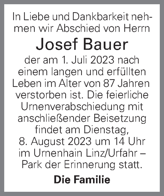 Traueranzeige von Josef Bauer von OÖNachrichten