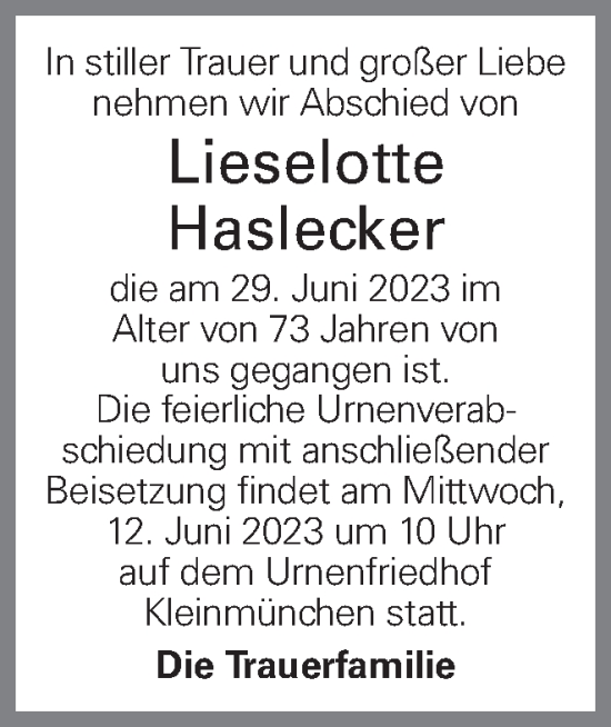 Traueranzeige von Lieselotte Haslecker von OÖNachrichten