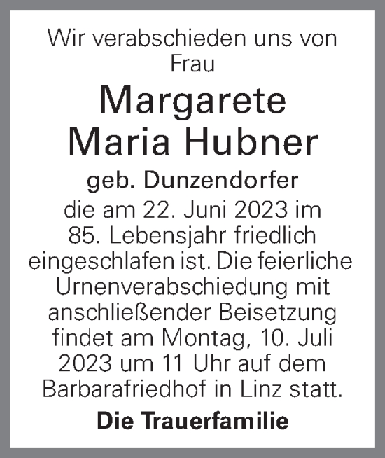 Traueranzeige von Margarete Maria Hubner von OÖNachrichten