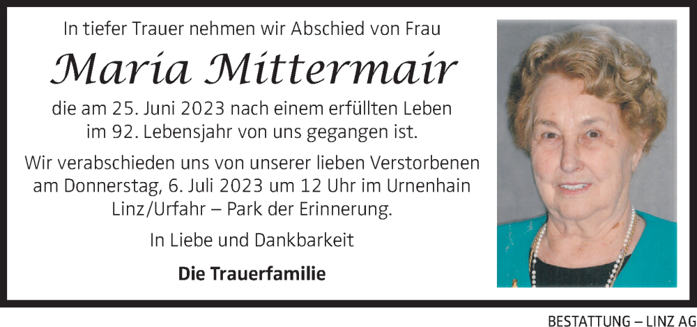  Traueranzeige für Maria Mittermair vom 01.07.2023 aus OÖNachrichten