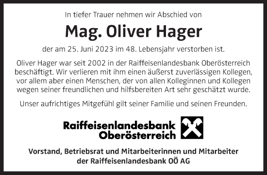 Traueranzeige von Oliver Hager von OÖNachrichten
