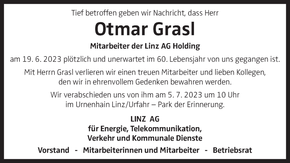 Traueranzeige für Otmar Gras vom 04.07.2023 aus OÖNachrichten