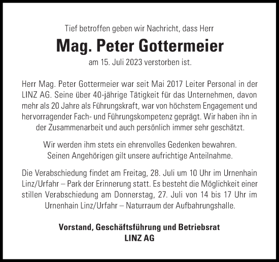 Traueranzeige von Peter Gottermeier von OÖNachrichten