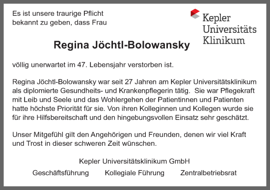 Traueranzeige von Regina Jöchtl-Bolowansky von OÖNachrichten