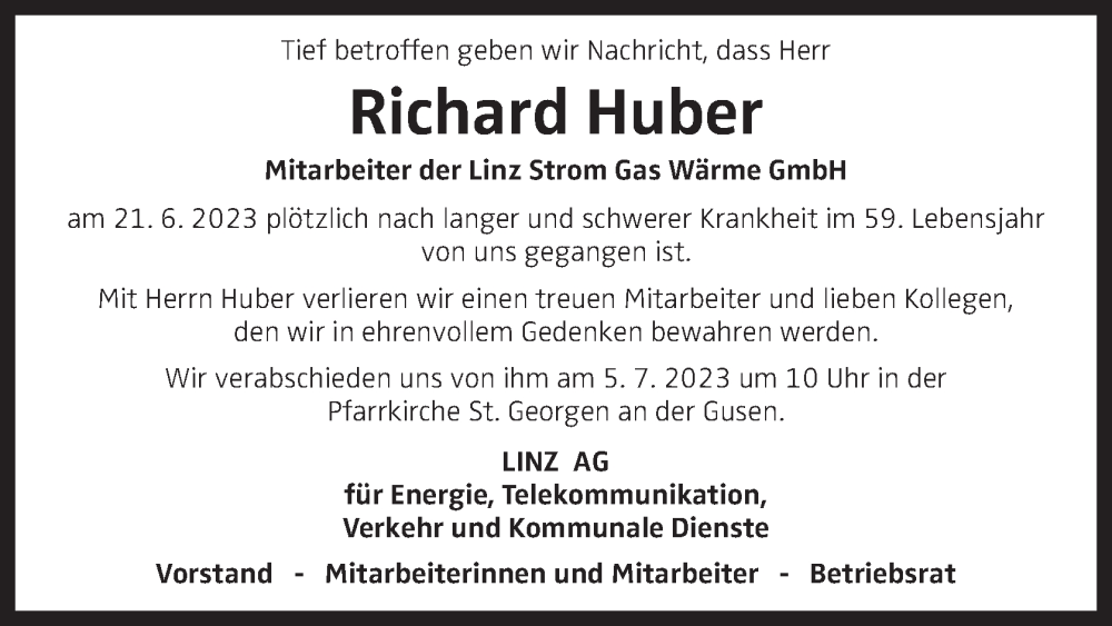  Traueranzeige für Richard Huber vom 01.07.2023 aus OÖNachrichten