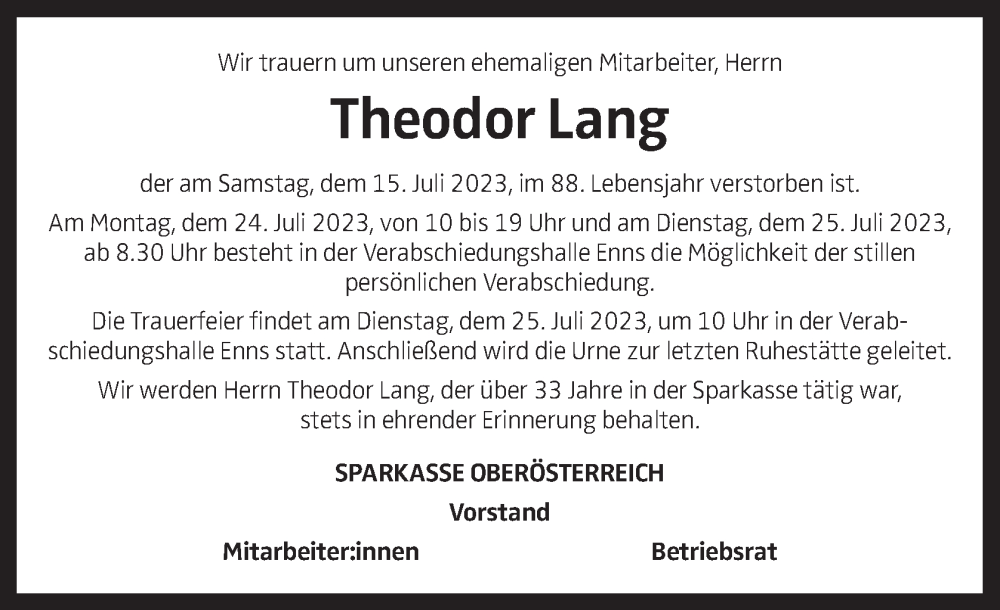  Traueranzeige für Theodor Lang vom 22.07.2023 aus OÖNachrichten