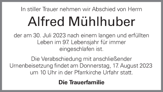 Traueranzeige von Alfred Mühlhuber von OÖNachrichten