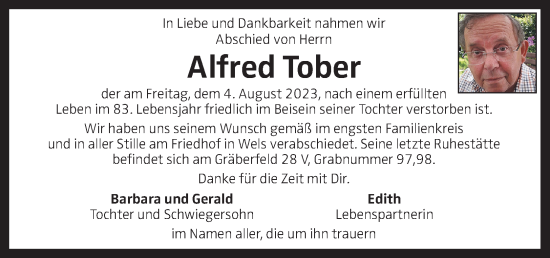 Traueranzeige von Alfred Tober von OÖNachrichten