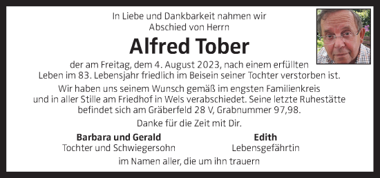 Traueranzeige von Alfred Tober von OÖNachrichten