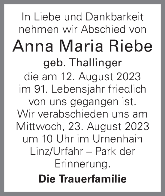 Traueranzeige von Anna Maria Riebe von OÖNachrichten