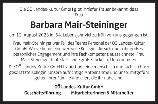 Traueranzeige von Barbara Mair-Steininger von OÖNachrichten