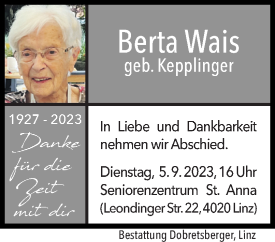 Traueranzeige von Berta Wais von OÖNachrichten