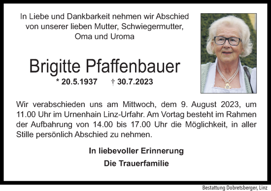 Traueranzeige von Brigitte Pfaffenbauer von OÖNachrichten