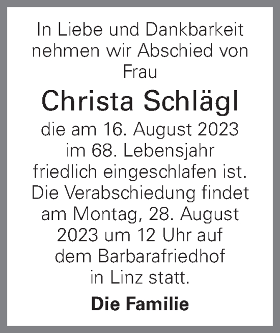 Traueranzeige von Christa Schlägl von OÖNachrichten
