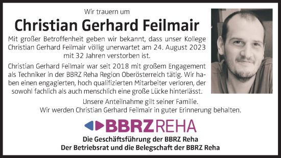 Traueranzeige von Christian Gerhard Feilmair von OÖNachrichten