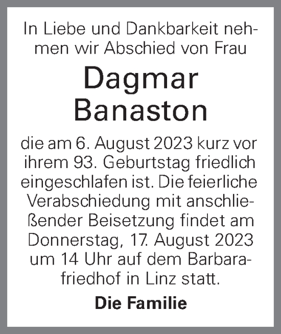 Traueranzeige von Dagmar Banaston von OÖNachrichten