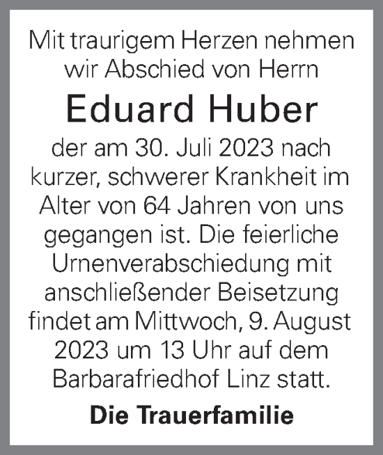 Traueranzeige von Eduard Huber von OÖNachrichten