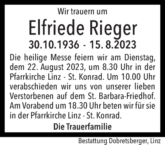 Traueranzeige von Elfriede Rieger von OÖNachrichten