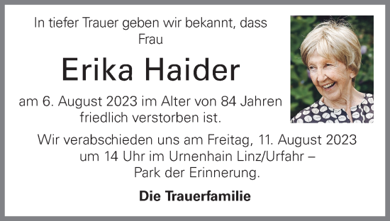 Traueranzeige von Erika Haider von OÖNachrichten