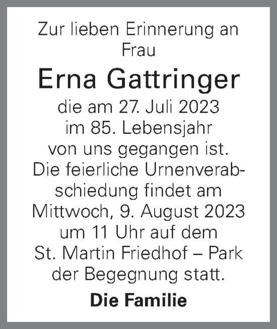 Traueranzeige von Erna Gattringer von OÖNachrichten